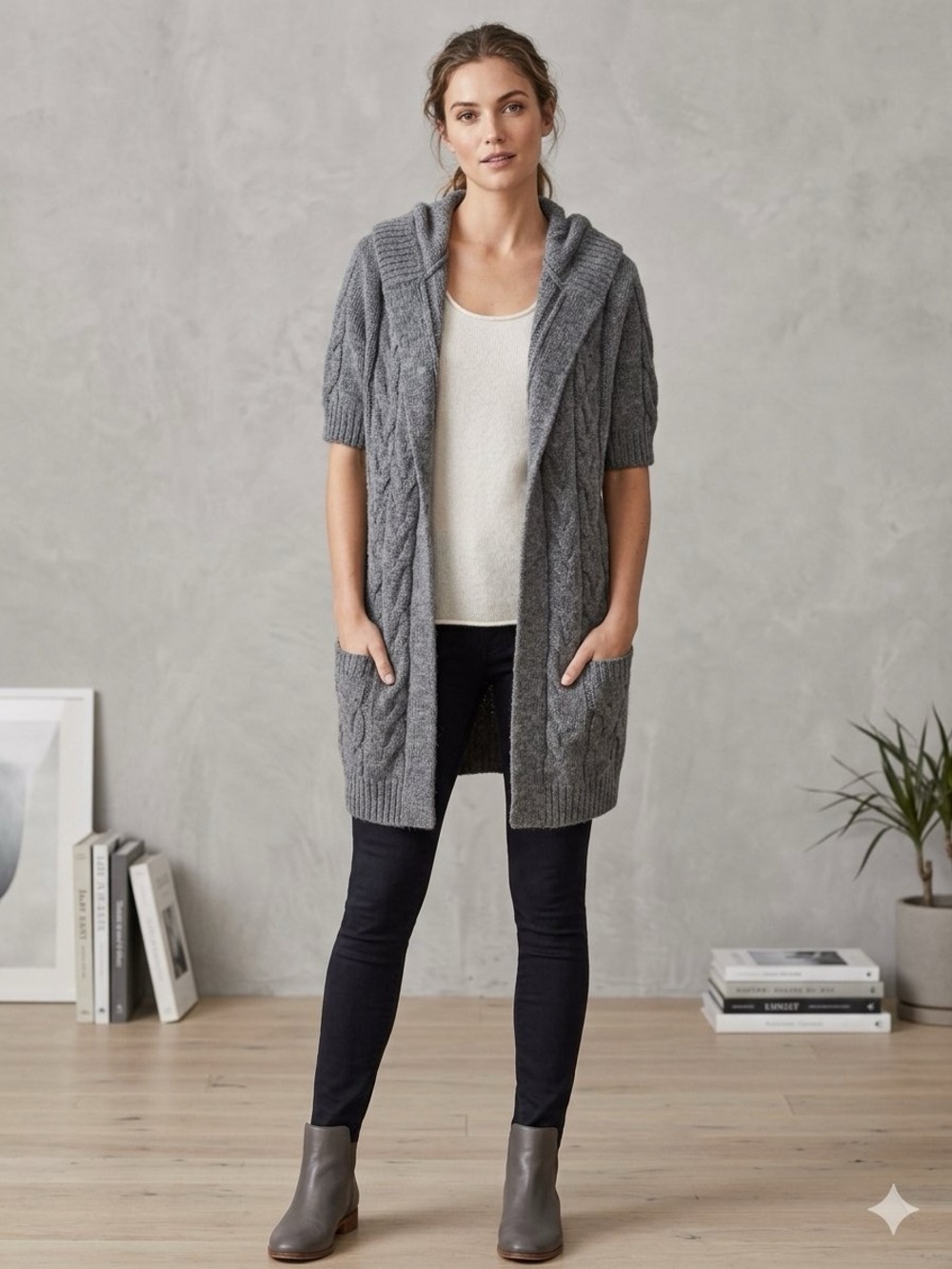 Vince Cozy Hooded Cable Knit Alpaca Blend Short-Sleeve Cardigan - Gray - Size M